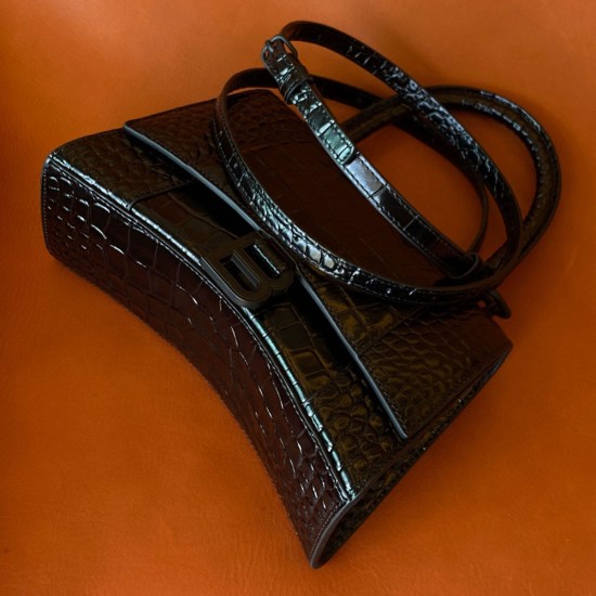 Balenciaga Women's Hourglass Handbag Shiny Crocodile Embossed Bag Calfskin With Tone-on-Tone Matte B Hardware