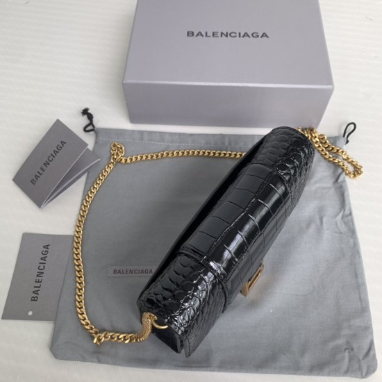 Balenciaga Hourglass Wallet With Chain Shiny Crocodile Embossed Calfskin