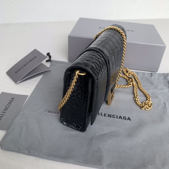 Balenciaga Hourglass Wallet With Chain Shiny Crocodile Embossed Calfskin