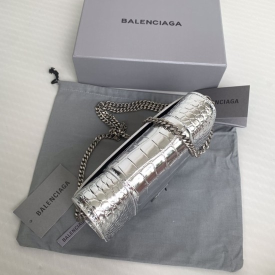 Balenciaga Hourglass Wallet With Chain Metallized Shiny Crocodile Embossed Calfskin