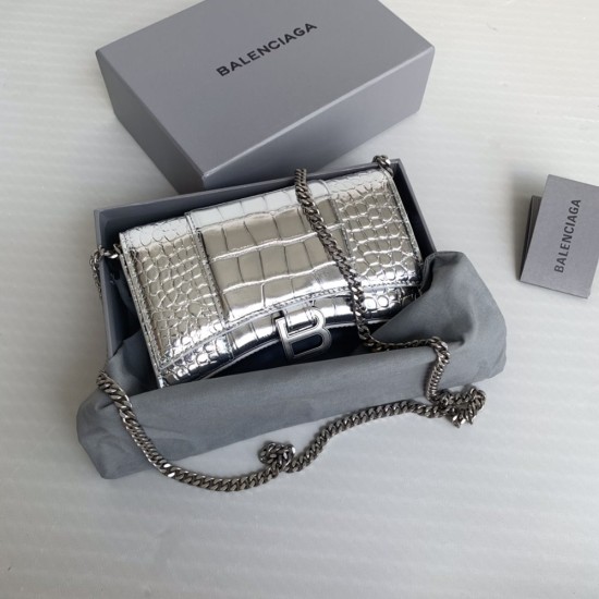 Balenciaga Hourglass Wallet With Chain Metallized Shiny Crocodile Embossed Calfskin