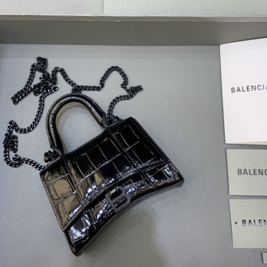 Balenciaga Women's Hourglass Mini Handbag With Chain in Shiny Crocodile Embossed Calfskin Tone-On-Tone Hardware