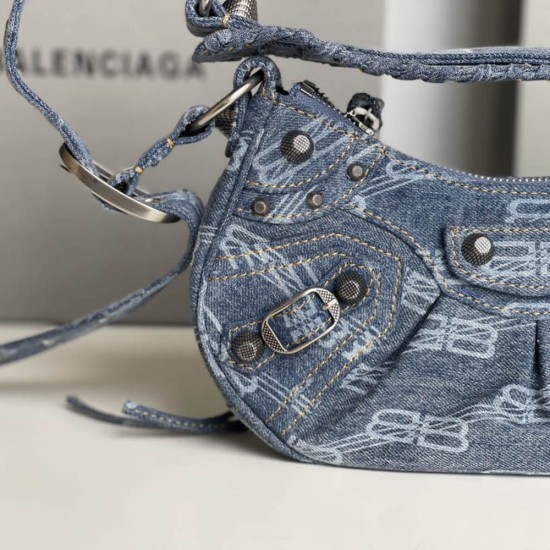 Balenciaga Women's Le Cagole XS Shoulder Bag In BB Monogram Bleached Denim 25cm