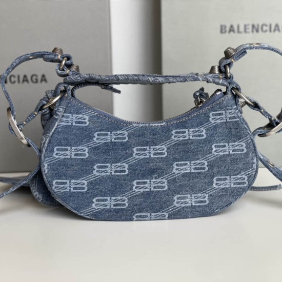 Balenciaga Women's Le Cagole XS Shoulder Bag In BB Monogram Bleached Denim 25cm