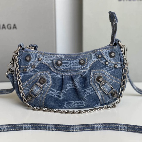Balenciaga Women's Le Cagole Mini Bag With Chain In BB Monogram Bleached Denim 21cm
