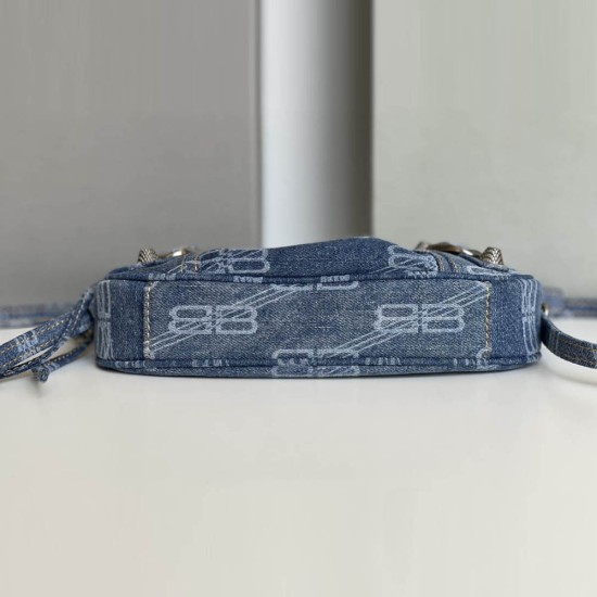 Balenciaga Women's Le Cagole Mini Bag With Chain In BB Monogram Bleached Denim 21cm