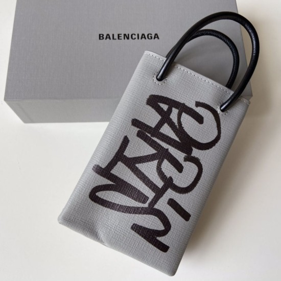 Balenciaga Mini Shopping Bag Phone Holder Bag in Squared Calfskin With Graffiti Printed