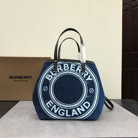 Burberry Logo Graphic Print Leather Trim And Cotton Tote Bag