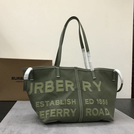 Burberry Leather Trim And Cotton Linen Canvas Tote Bag With Embroidered Horseferry Motif