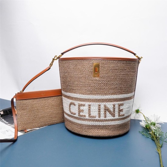 Celine Bucket 16 Bag in Straw Fabric And Calfskin with Contrast Logo