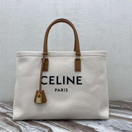 Celine Horizontal Cabas In White Textile Celine Print Tote Bag
