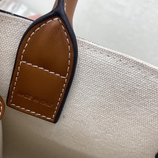 Celine Vertical Cabas In Natural Textile With "ST Tropez" Print And Tan Calfskin