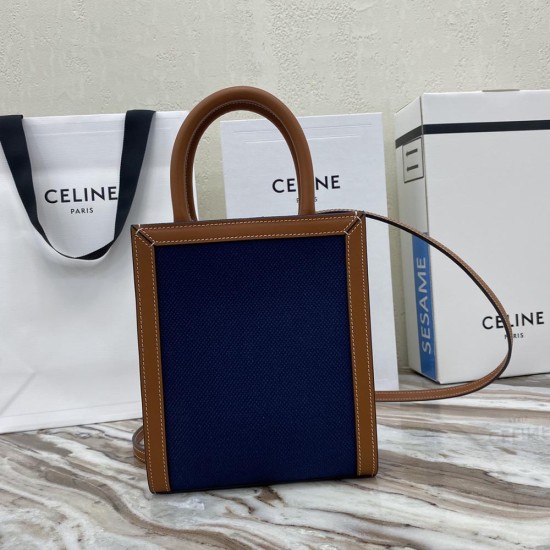 Celine Vertical Cabas In Blue Textile White Celine Print And Tan Calfskin