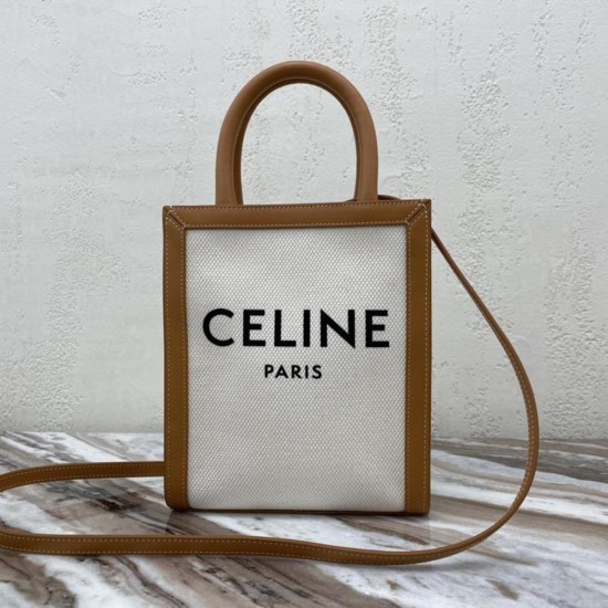 Celine Vertical Cabas In White Textile Black Celine Print And Tan Calfskin
