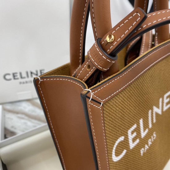 Celine Vertical Cabas In Tan Textile White Celine Print And Tan Calfskin