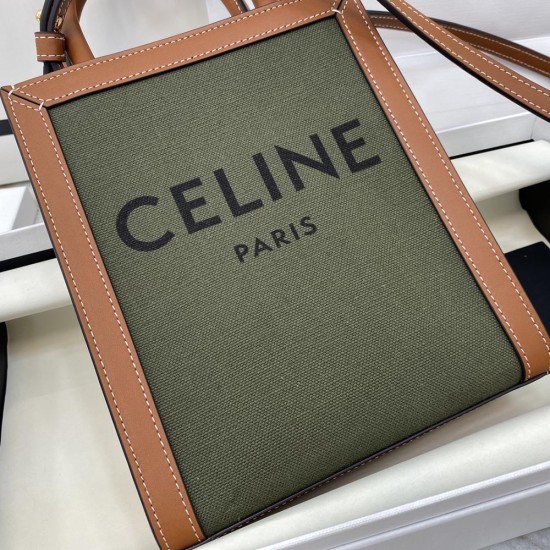 Celine Vertical Cabas In Army Green Textile Black Celine Print And Tan Calfskin