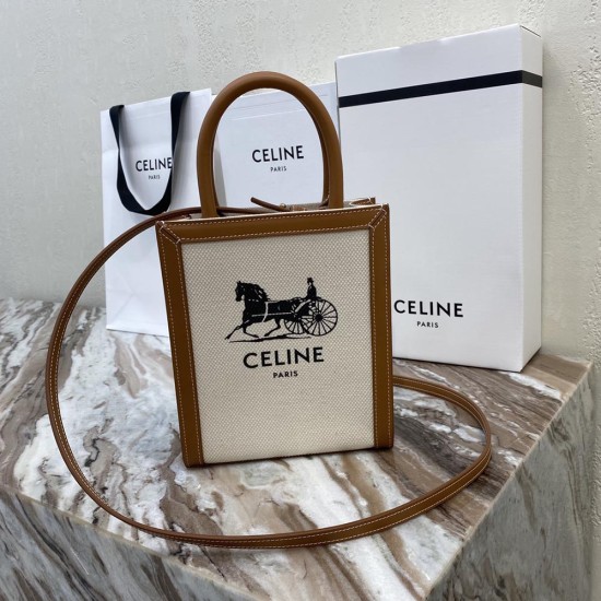 Celine Vertical Cabas In White Textile Black Celine Horse Print And Tan Calfskin