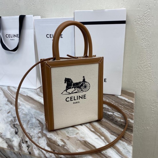 Celine Vertical Cabas In White Textile Black Celine Horse Print And Tan Calfskin
