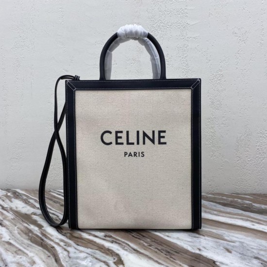 Celine Vertical Cabas In White Textile Black Celine Print And Black Calfskin