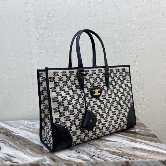  Celine Horizontal Cabas In Textile And Calfskin With Triomphe Embroidery And Logo Front