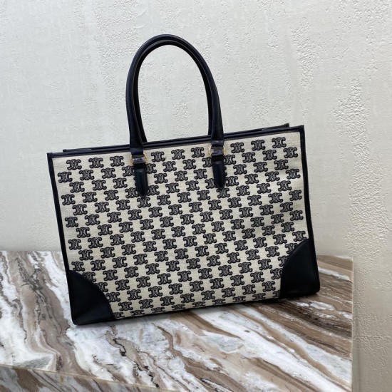  Celine Horizontal Cabas In Textile And Calfskin With Triomphe Embroidery And Logo Front