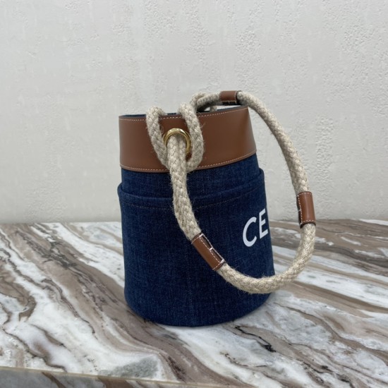 Celine Bucket Bag in Blue Denim White Celine Print And Tan Calfskin