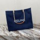 Celine Cabas Square In Blue Denim With Celine Print And Tan Calfskin