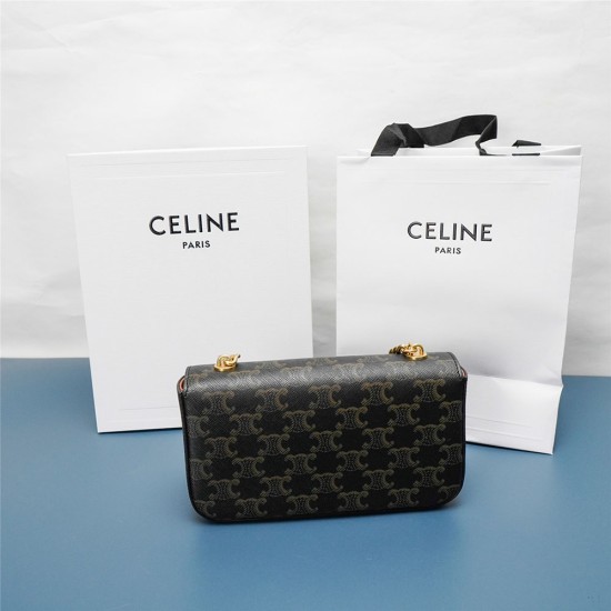 Celine Chain Shoulder Bag Cuir Triomphe in Black Triomphe Canvas And Tan Calfskin