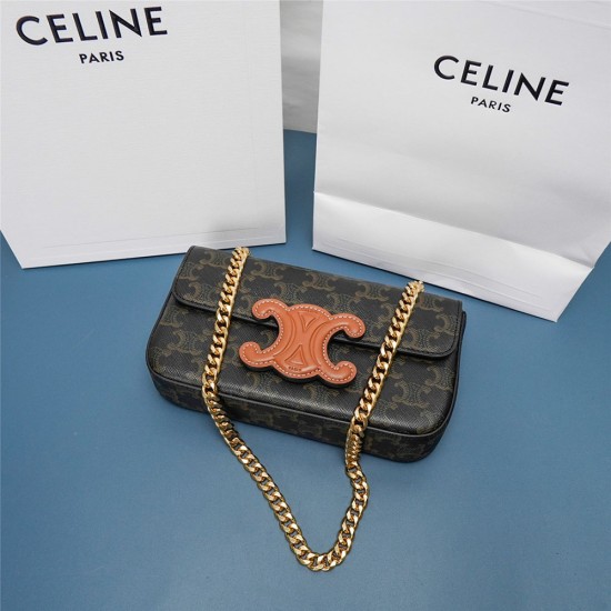 Celine Chain Shoulder Bag Cuir Triomphe in Black Triomphe Canvas And Tan Calfskin