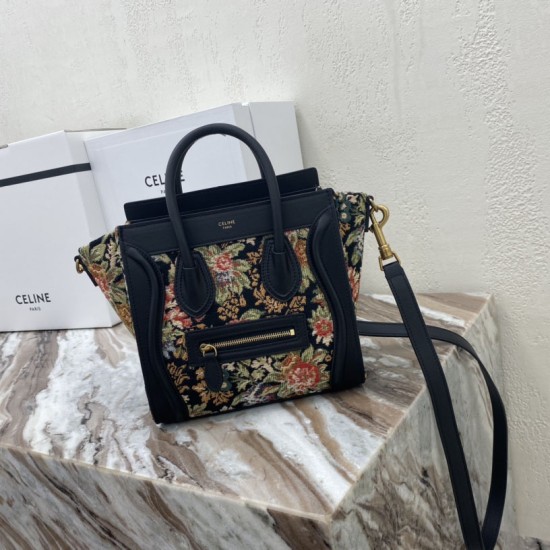 Celine Luggage Bag in Flora Embroidery Black Smooth Calfskin