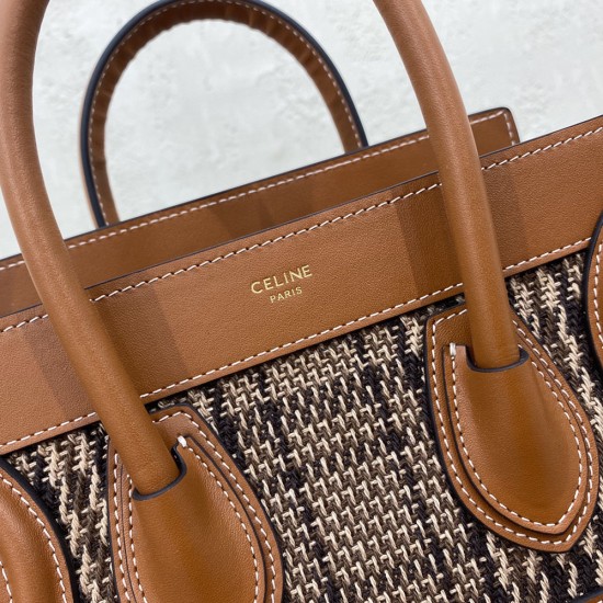 Celine Luggage Bag in Stripe Textile Tan Smooth Calfskin