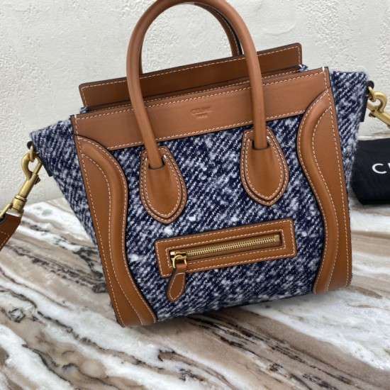 Celine Luggage Bag in Blue Twist Textile Tan Smooth Calfskin