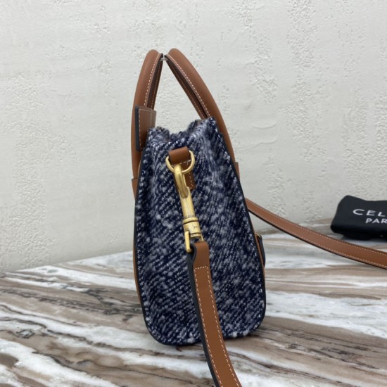 Celine Luggage Bag in Blue Twist Textile Tan Smooth Calfskin