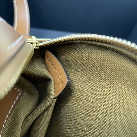 Celine Round Purse On Strap in White Triomphe Canvas And Tan Lambskin