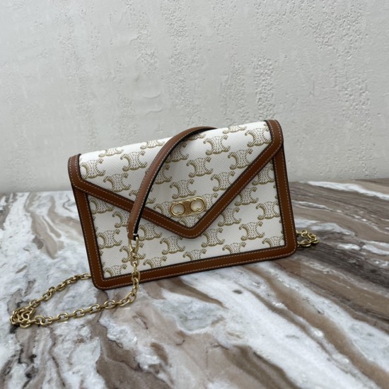 Celine Maillon Triomphe Bag in White Triomphe Canvas And Tan Lambskin