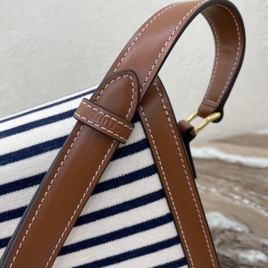 Celine Triomphe Bag in Navy White Striped Textile And Tan Calfskin