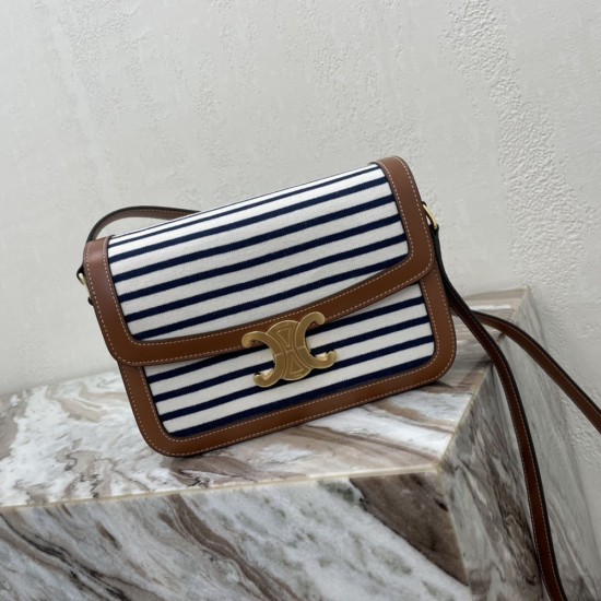 Celine Triomphe Bag in Navy White Striped Textile And Tan Calfskin