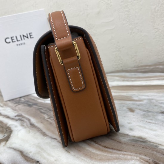 Celine Teen Triomphe Bag in Blue Denim White Triomphe Embroidery And Tan Calfskin