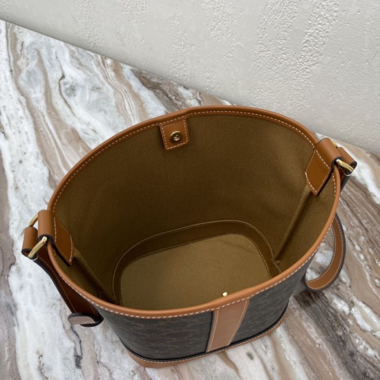 Celine Small Bucket In Black Triomphe Canvas And Tan Calfskin