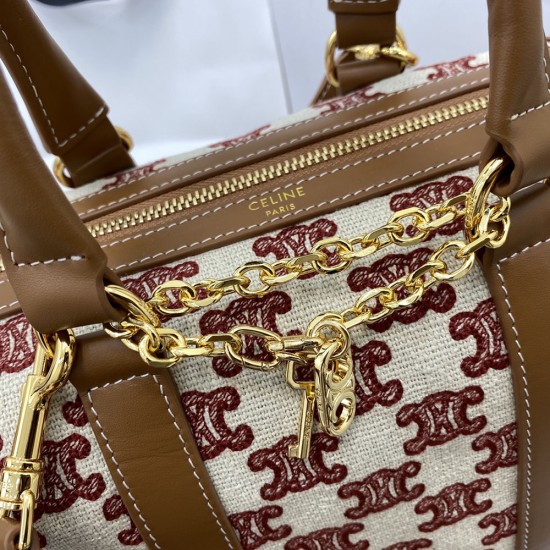Celine Small Boston Bag in Natural Textile And Calfskin With Triomphe Embroidery