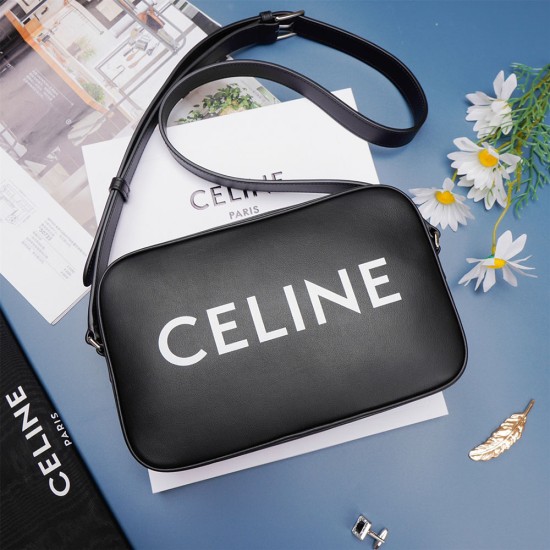 Celine Medium Messenger Bag in Black Smooth Calfskin With White Celine Print