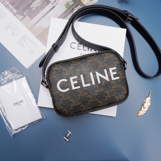 Celine Medium Messenger Bag in Black Triomphe Canvas With Celine Print
