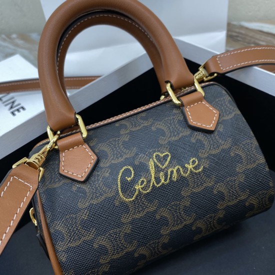 Celine Mini Boston Bag in Triomphe Canvas With Celine Cursive Calfskin