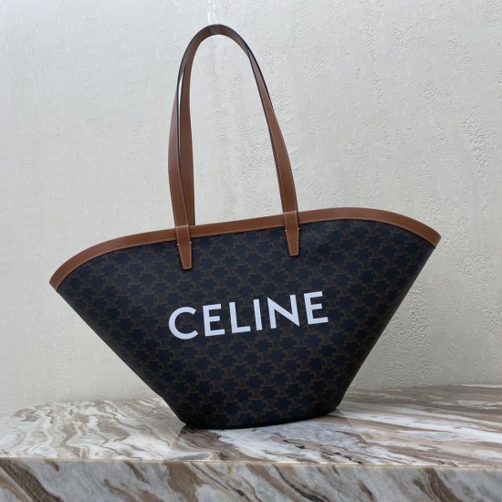 Celine Couffin In Black Triomphe Canvas With White Celine Print And Tan Calfskin