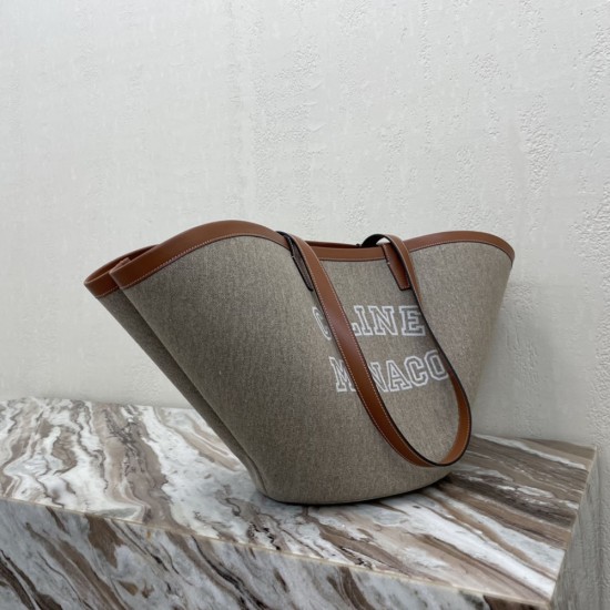 Celine Couffin In Grey Heather Textile With White Celine Print And Tan Calfskin