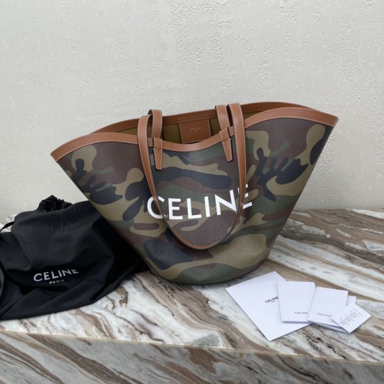 Celine Couffin In Camouflage Canvas With White Celine Print And Tan Calfskin
