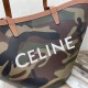 Celine Couffin In Camouflage Canvas With White Celine Print And Tan Calfskin