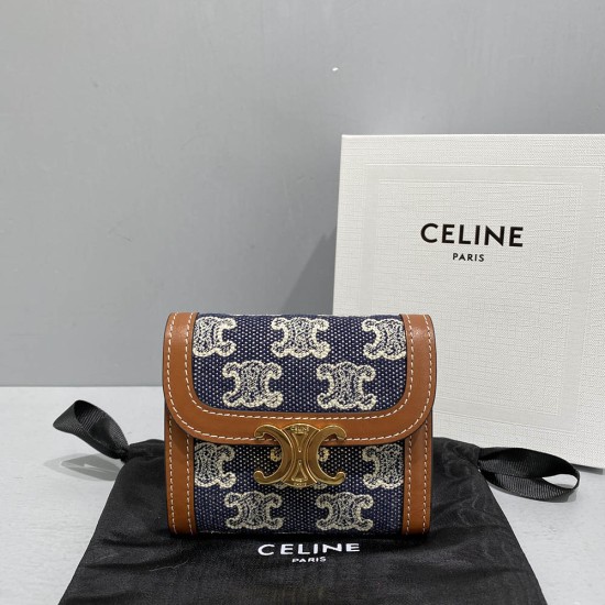 Celine Small Wallet Triomphe In Textile And Calfskin With Triomphe Embroidery 10.5cm