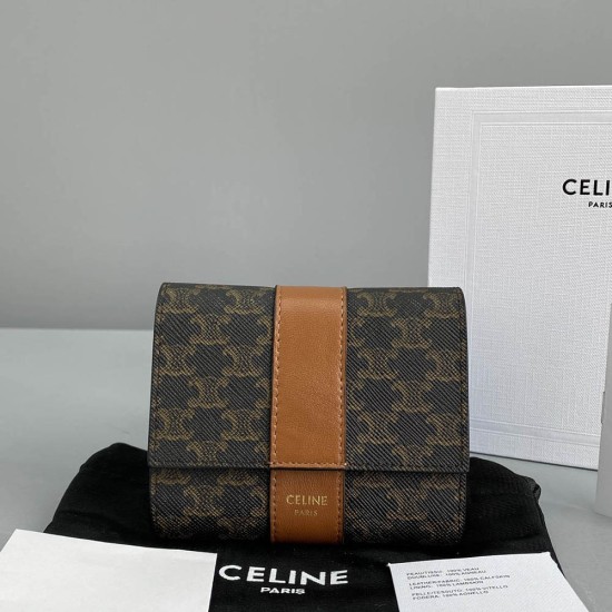 Celine Small Trifold Wallet In Triomphe Canvas And Lambskin 2 Colors 10.5cm