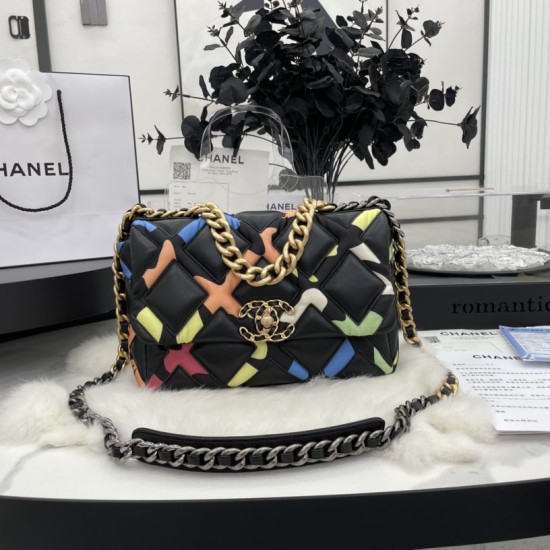 Chanel 19 Handbag in Lambskin And Black And Multicolor Printed Fabric